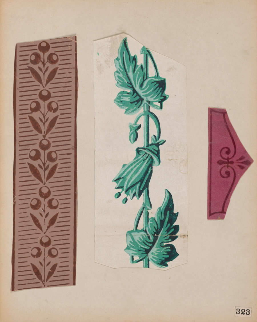 Three vertical ornamental designs. Left: Brown border with stylized floral motifs. Center: Green vine motif with intricate leaves and buds. Right: Small pink triangular motif with decorative swirls