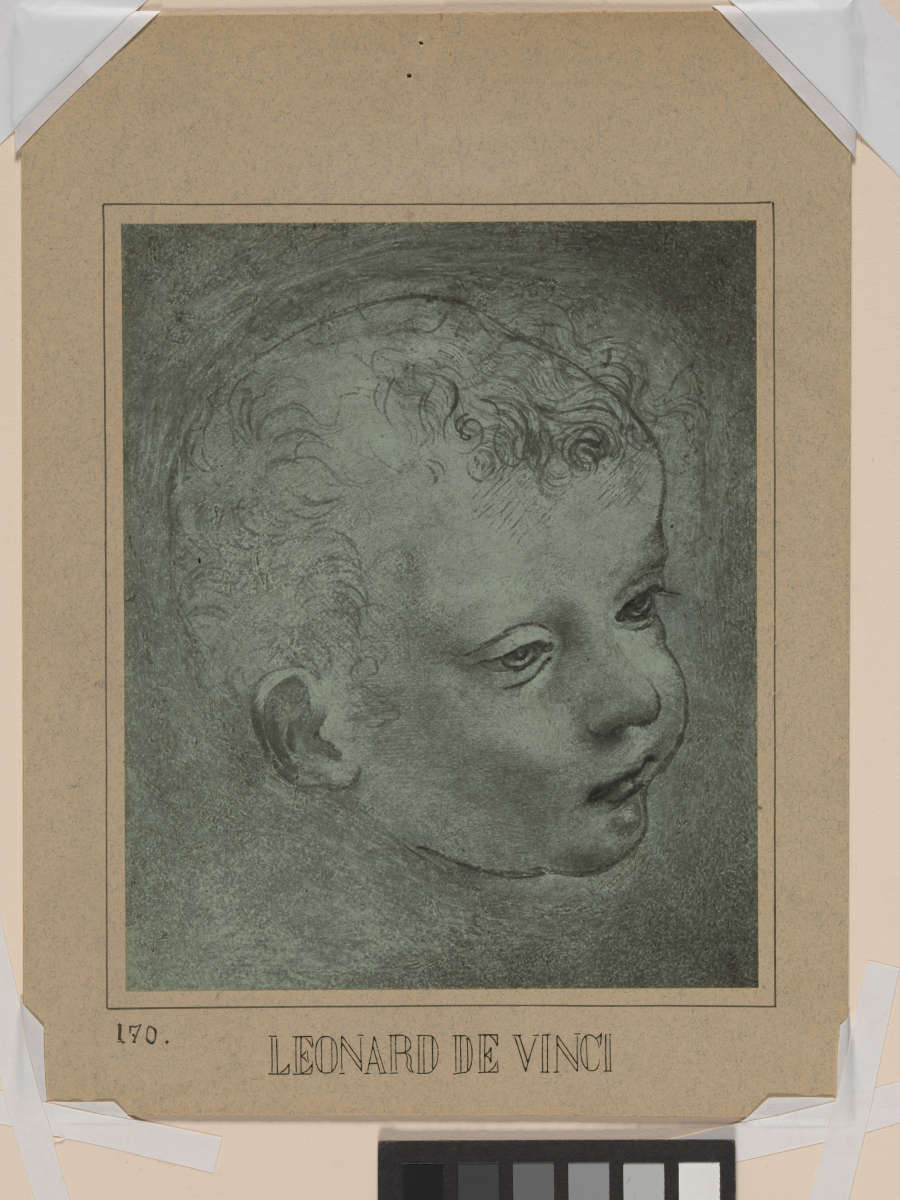 A drawing of a young child with soft curls on a greenish gray surface with a beige border.