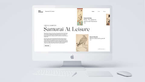 Home Page of the virtual exhibition Samurai At Leisure displayed on a model of a computer monitor.