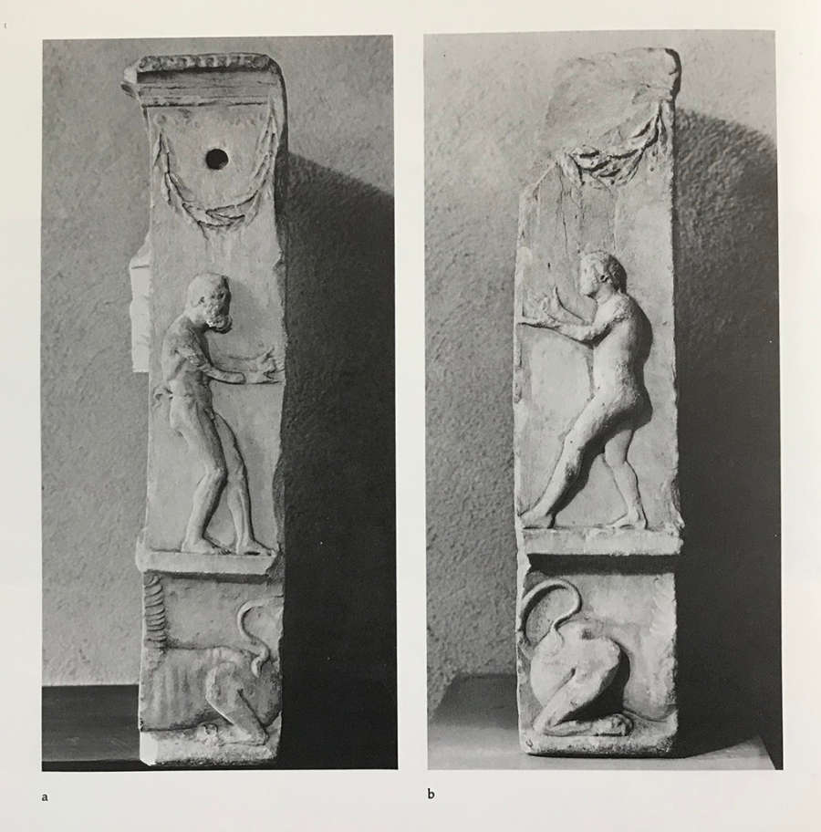 Two grayscale images of two lean rectangular stone slabs. Sculpted upon both is a gesturing standing man, beneath whom sits a partial lion-like animal and above whom is a garland.