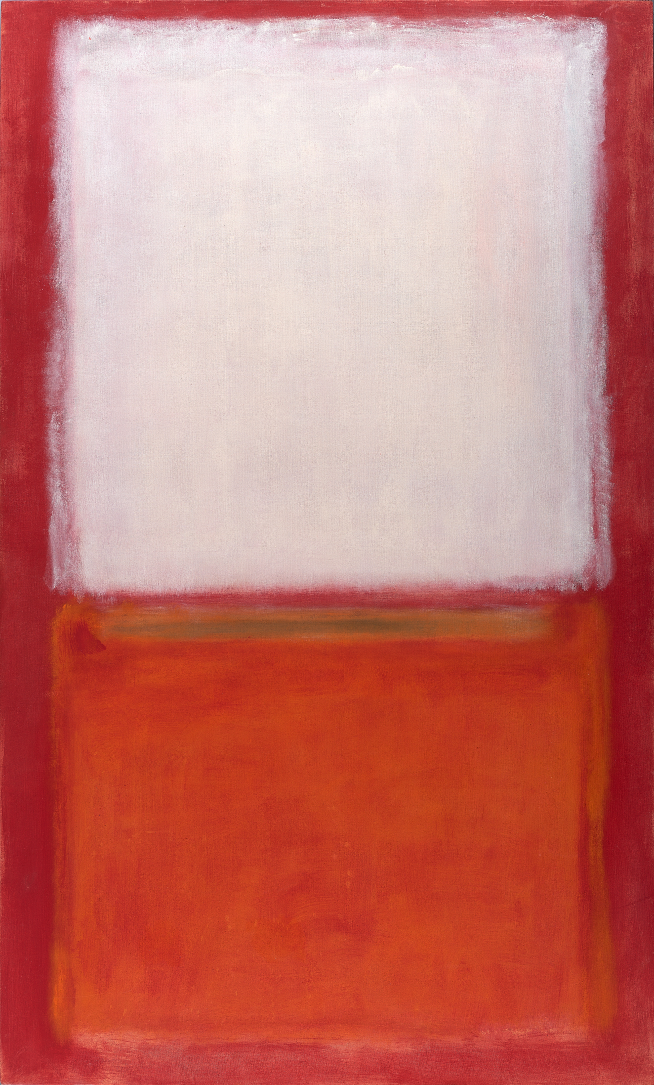 A minimalist painting featuring a deep red background with a soft white square occupying the upper half, a subtle horizontal yellow band beneath it, and a vibrant red lower half.