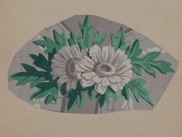 Two white flowers at center with detailed green foliage on a muted gray background.