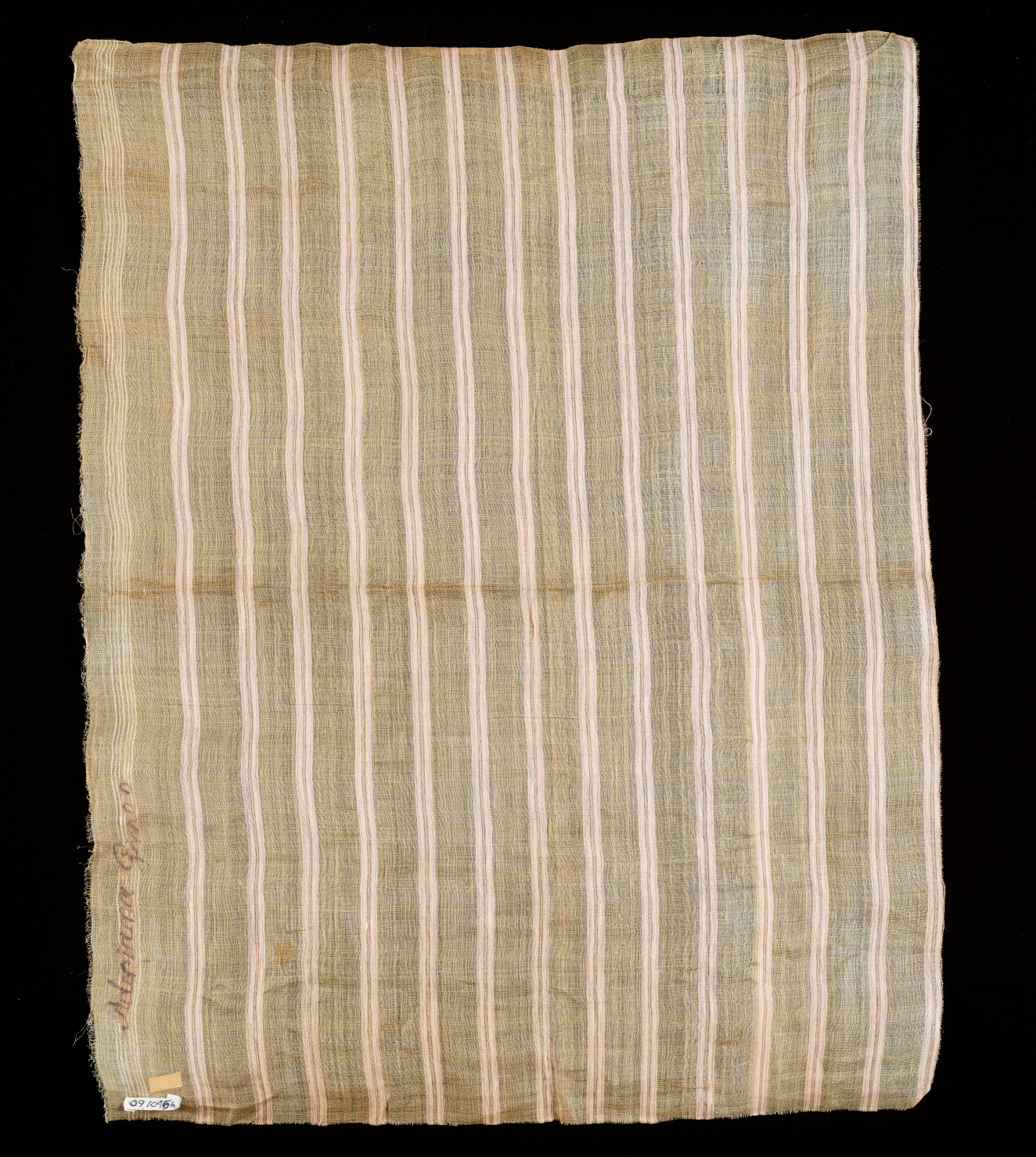 Rectangle of light gray woven fabric featuring evenly spaced vertical white stripes on a black background. The fabric has a softly wrinkled appearance along with a crease in the middle.