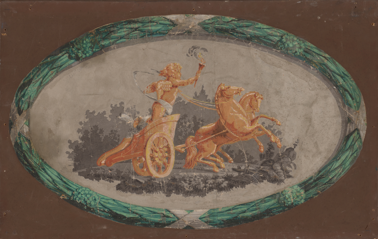 Mythical chariot scene depicting a winged figure holding up a flaming torch in a chariot drawn by two horses. The grey oval medallion is framed by a teal foliage wreath.