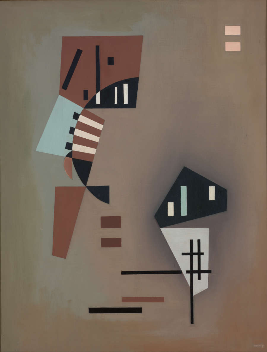 Black, brown, white, and light-blue polygons, overlapping occasionally, are painted onto a hazy neutral background. Layered on top of the shapes are thick lines. 
