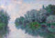 Painting of a misty riverbank reflecting lush trees and a cloudy sky, all painted with soft, small brushstrokes blending blues, greens, pinks, and purples. 