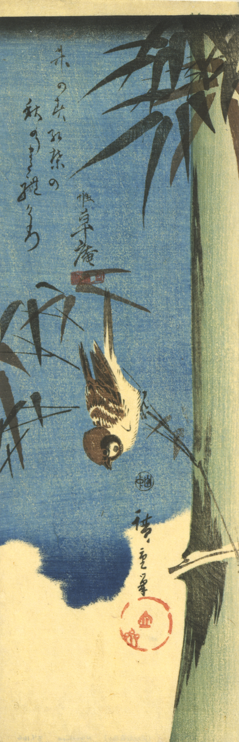 In a narrow vertical frame a small bird looks downwards from a thin, bending branch from a thick bamboo stalk against a blue sky with dense white clouds.