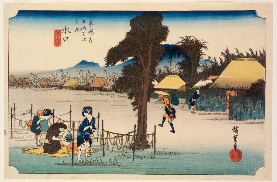 Woodblock print depicting a scene of workers drying out gourd strips and villagers going about. Behind them lies a few thatched-roof huts, towering trees, and a distant misty mountain range. 