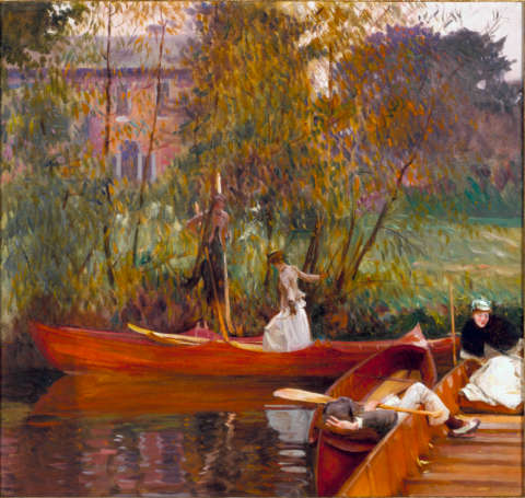 An earthy-toned, riverside scene of a figure in a white dress stepping into a red canoe as others lounge in nearby canoes, with surrounding impressionist-style trees and a distant building.