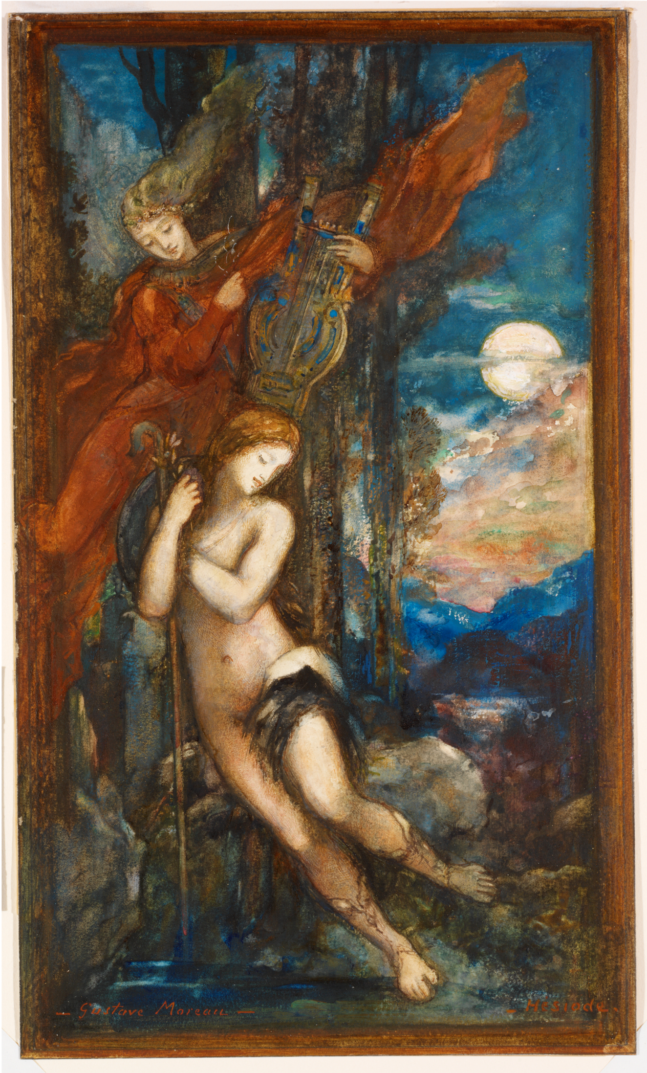 A bold watercolor of two light-skinned Muses descending from a dramatic moon-filled sky, one dressed in orange robes and holding a lyre floats above the unclothed other holding a staff.