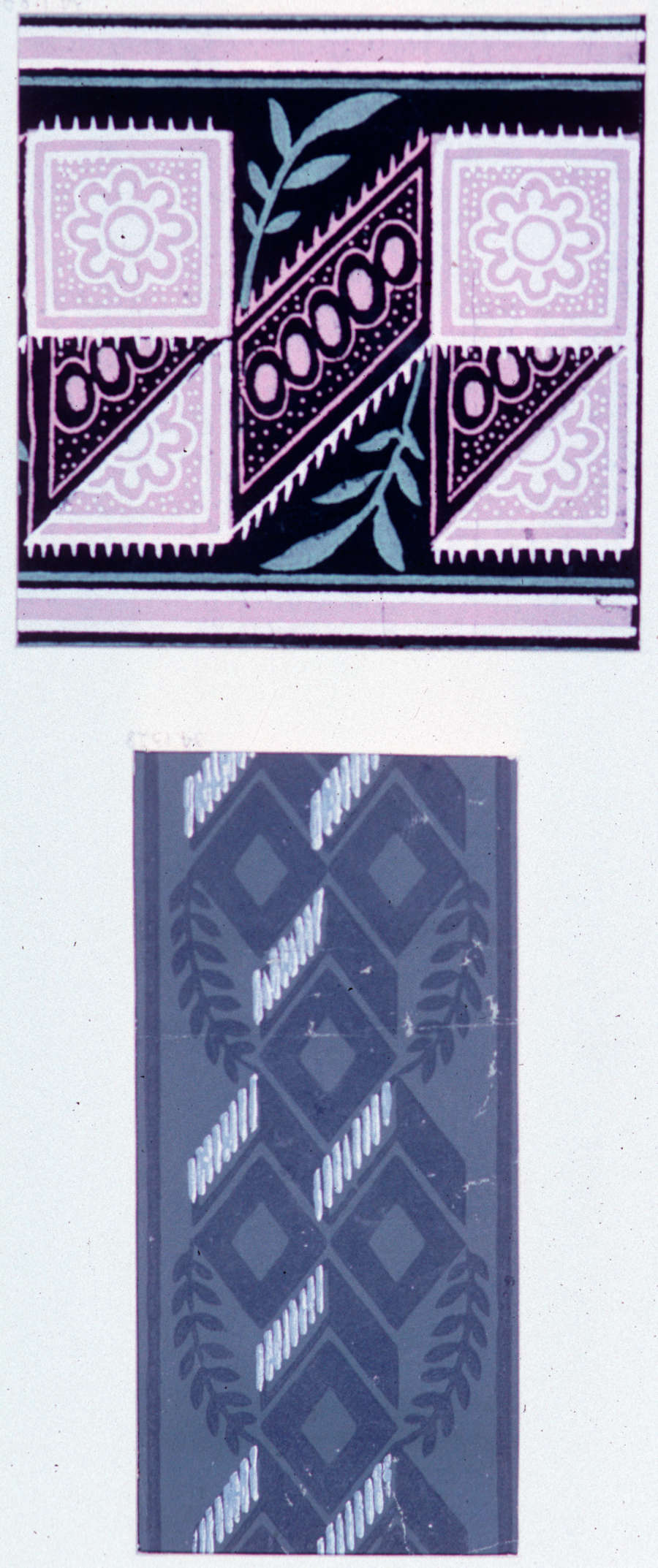 Two geometric patterns. Bottom is blue and darker blue diamonds and leaves with small white diagonal accents. Top is pink floral squares on a black background with green leaves.