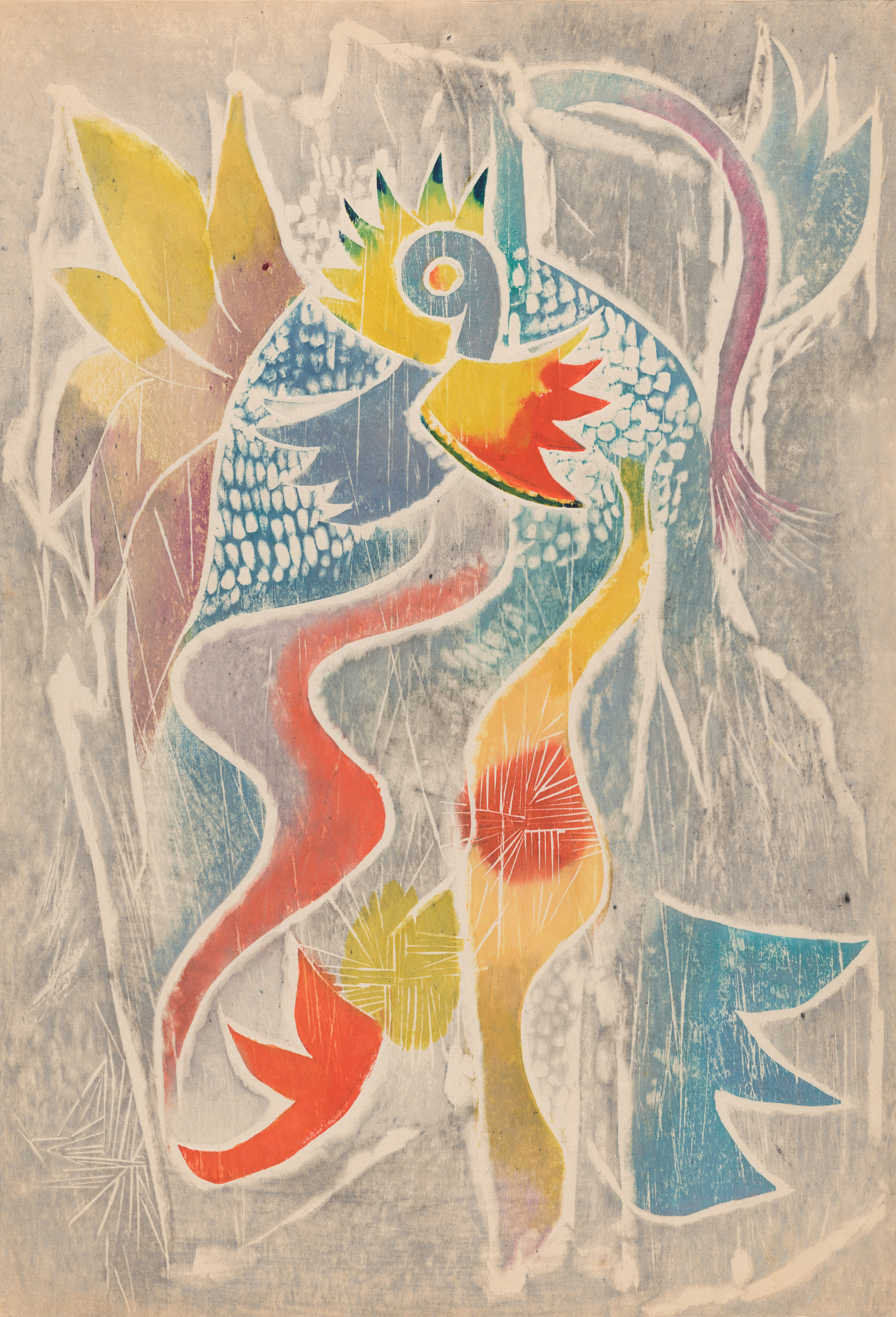 Abstract print of a stylized, colorful bird made out of various organic shapes against a gray background. Etched lines and eraser-like marks are seen throughout the background and foreground.