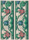 Two identical borders of intricate pink and blue floral patterns framed by green vine-like and leafy forms on a cream background with faint gray leafs.