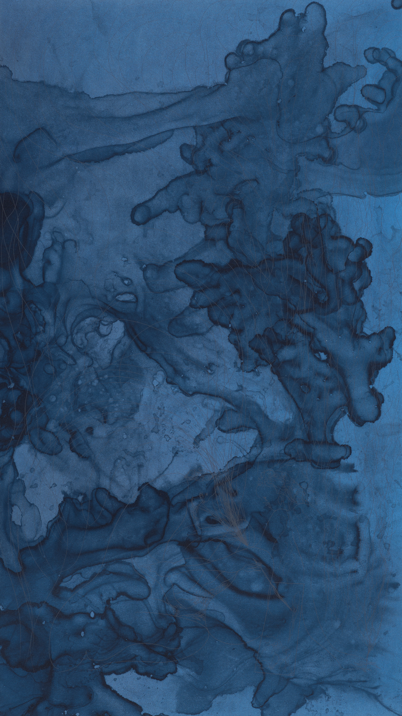 Dark blue, inkly swirls forming organic coral like shapes overlap one another on a blue dyed paper. The edges of the swirls are darker than their centers. 