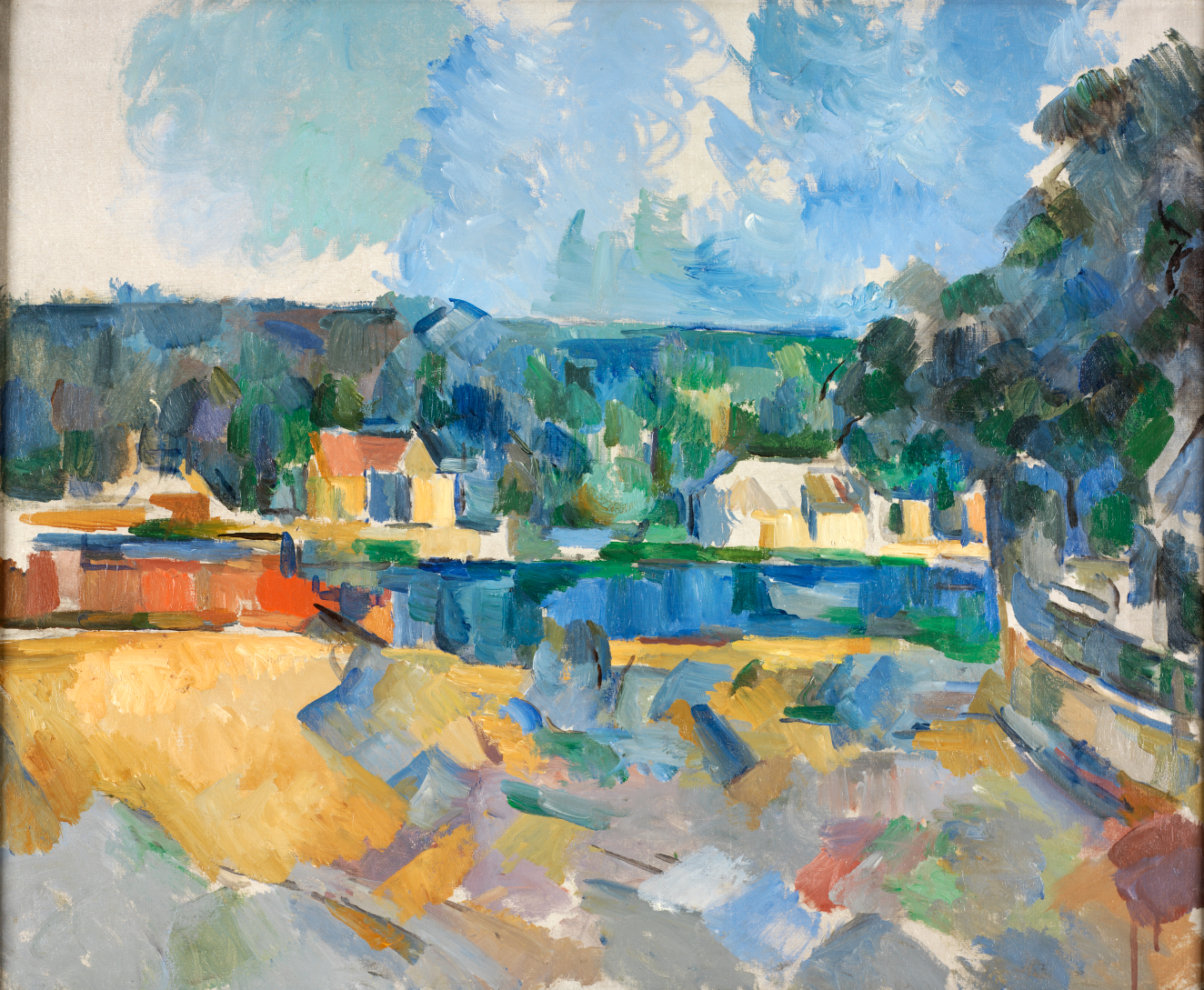 Oil painting depicting houses along water, with a bright sky above and distant horizon made up of expressive brushstrokes in vibrant shades of blue, yellow and green, with red accents.