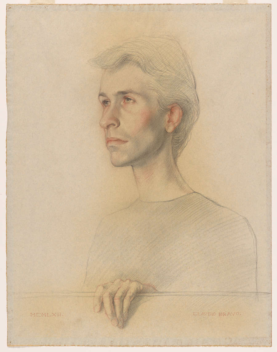 A highly realistic yet surreal drawing of a young, male-presenting figure. Looking into the distance with a neutral expression, their hand appears to reach out of the frame. 