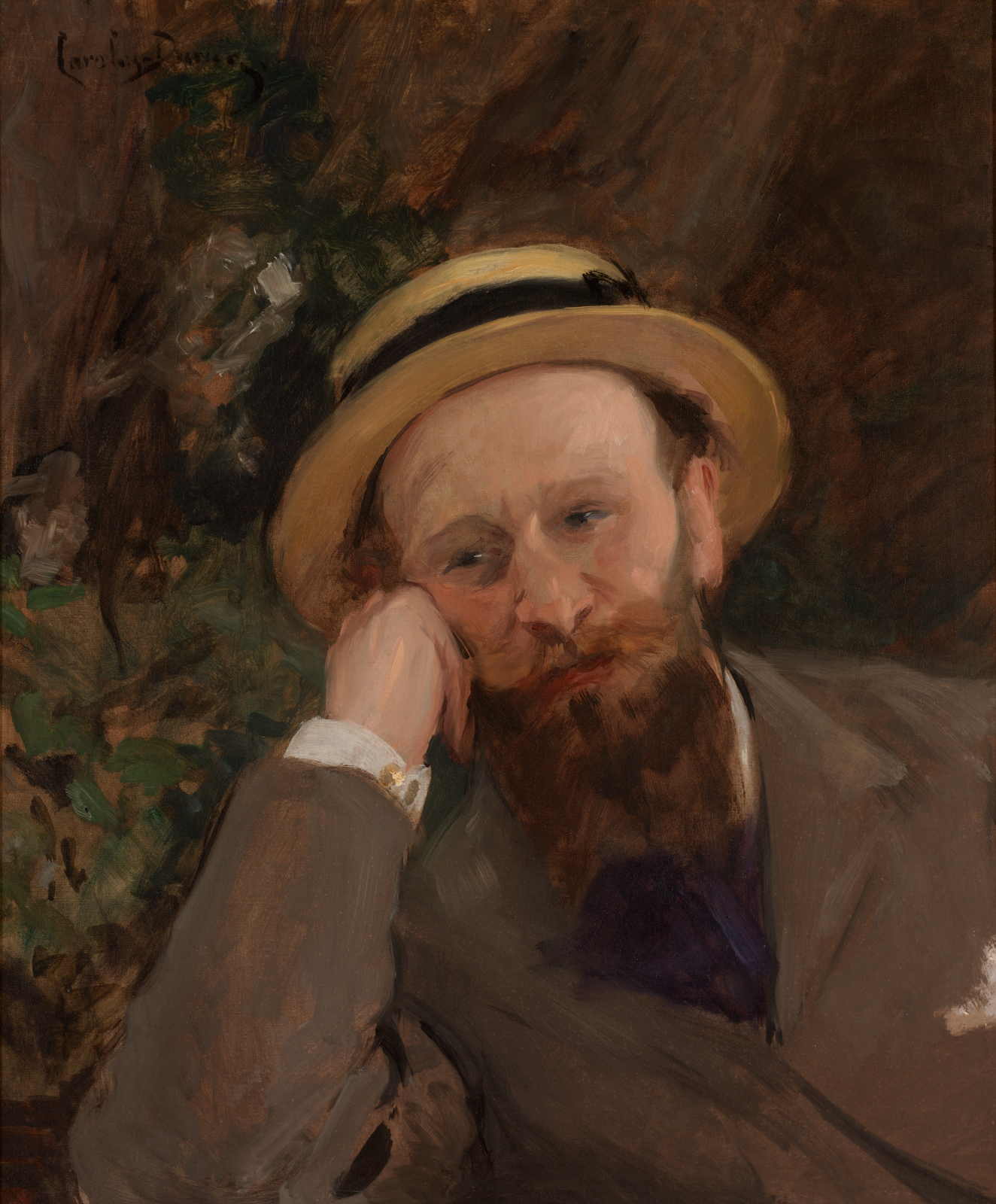 Loosely rendered painting of a bearded fair-skinned man with cheek propped against his hand in a yellow flat-topped hat and muted brown suit, against a brown background and greenery. 