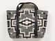 Back of a gray tweed bag with geometric patterning. Black leather vertically lines the center body of the bag and extends to create the handles on the front and back. 