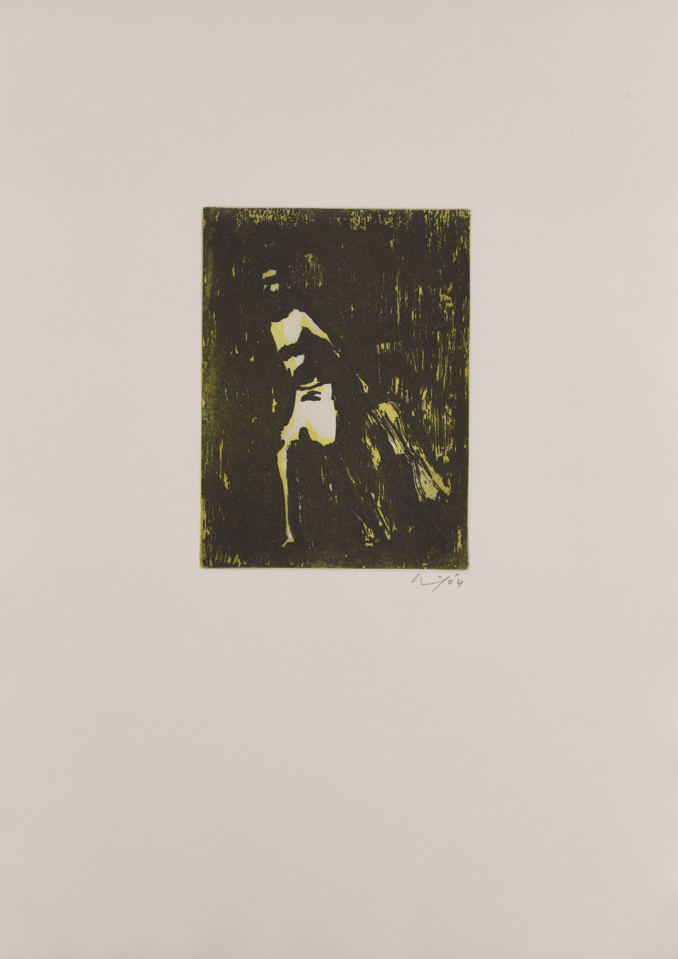 A primarily black print with sections of yellow and white. At the center is the possibility of the obscured face of a figure with a white beard.