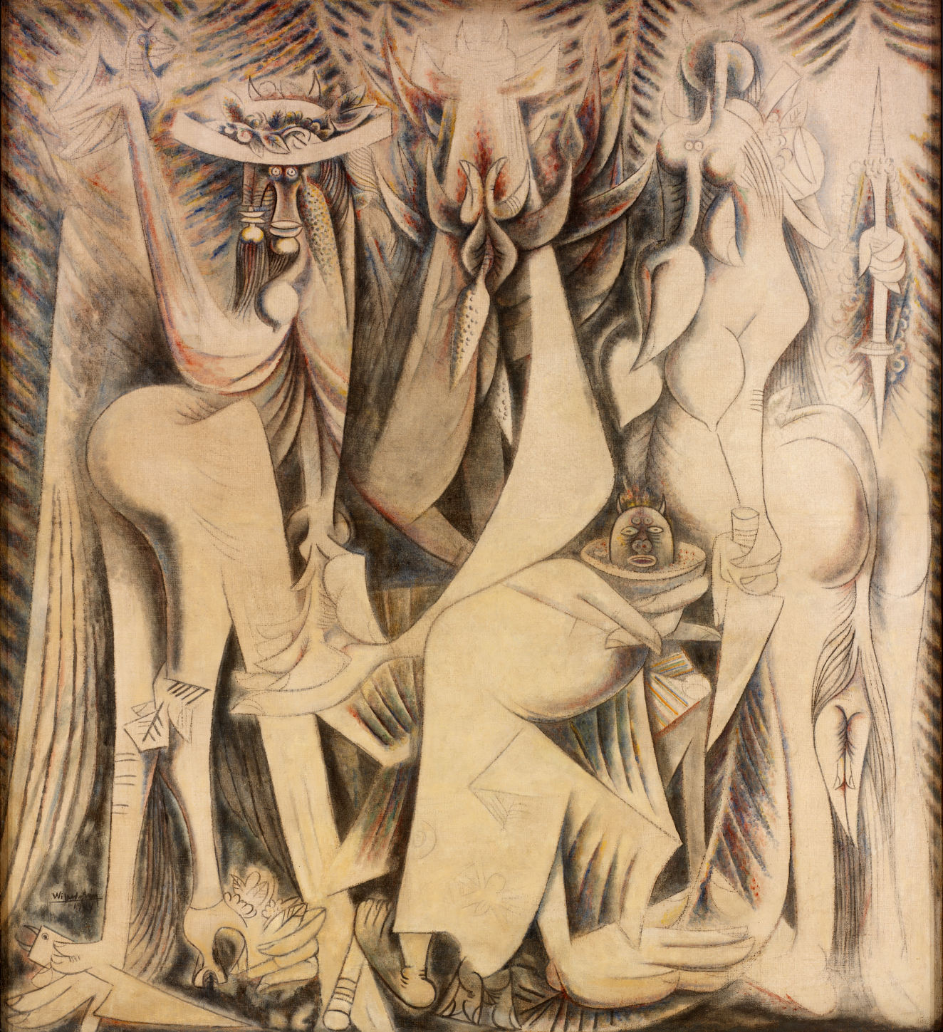 A painting of distorted, elongated humanoid and animal-like figures rendered with a light, muted color palette, their forms blending surreally into a shaded, textured background. 