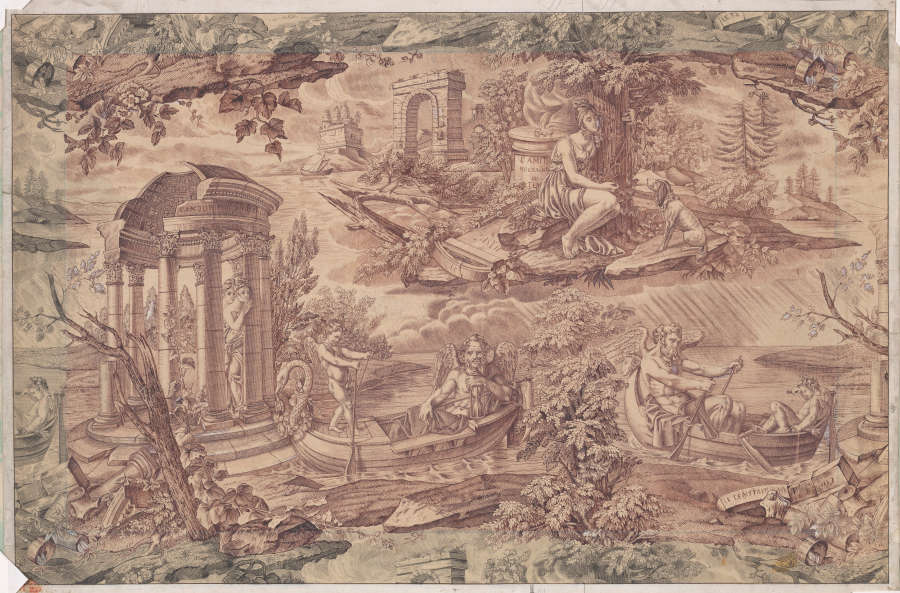 A decorative drawing depicting the winged allegorical figures of Love, Friendship, and Time. The figures, architectural ruins, and landscape reference ancient Greece.