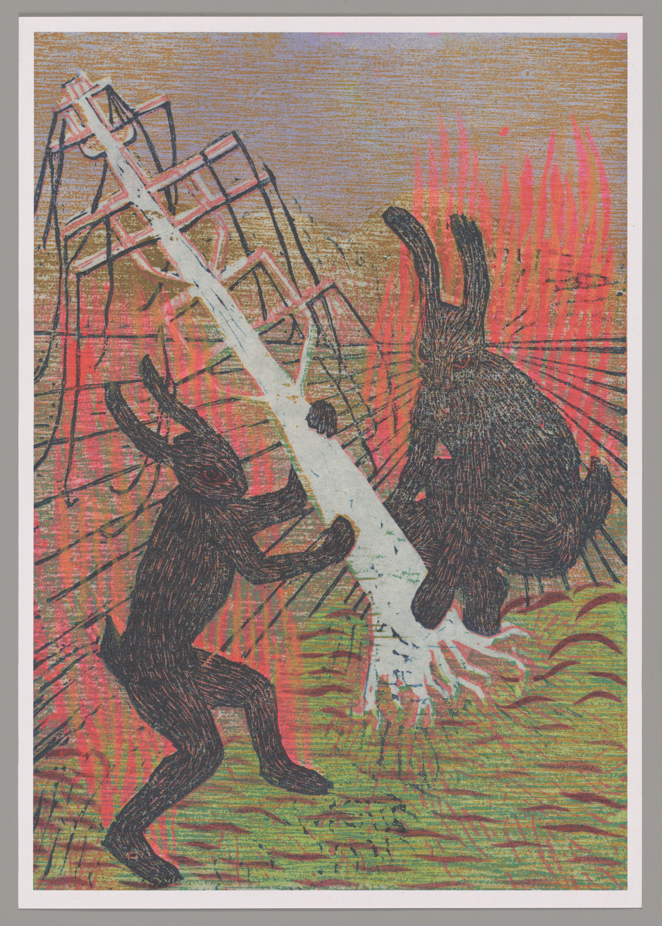 A print of two, black rabbit figures pulling a white electrical tower with tree-like roots and severed electric lines, out of the ground. The Figures are surrounded by frantic red marks. 