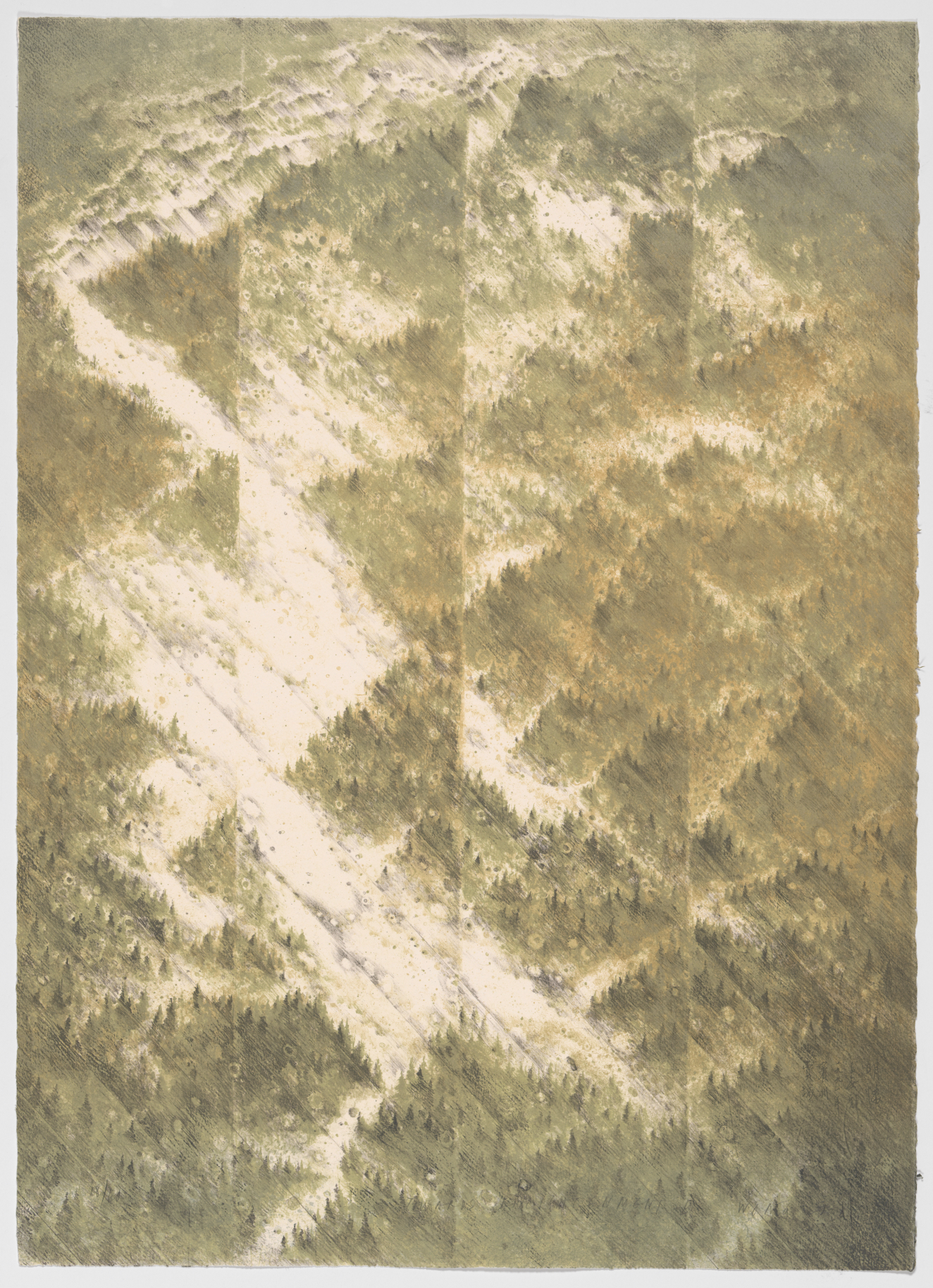 Abstracted mountain landscape in an earthy green, and a crisscrossed lighting effect over dense trees.