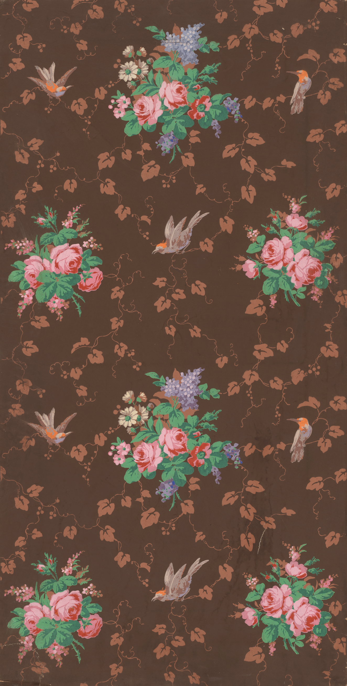 Brown wallpaper with repeating motifs of large multicolored flower bouquets, gray and orange birds, and smaller pink flower bouquets repeated overtop tiny light brown leaves on thin vines throughout.
