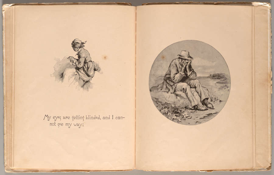 An aged open book with illustrations of a seated figure above a poetic verse and a circular illustration of a man with his head in his hands on the right.