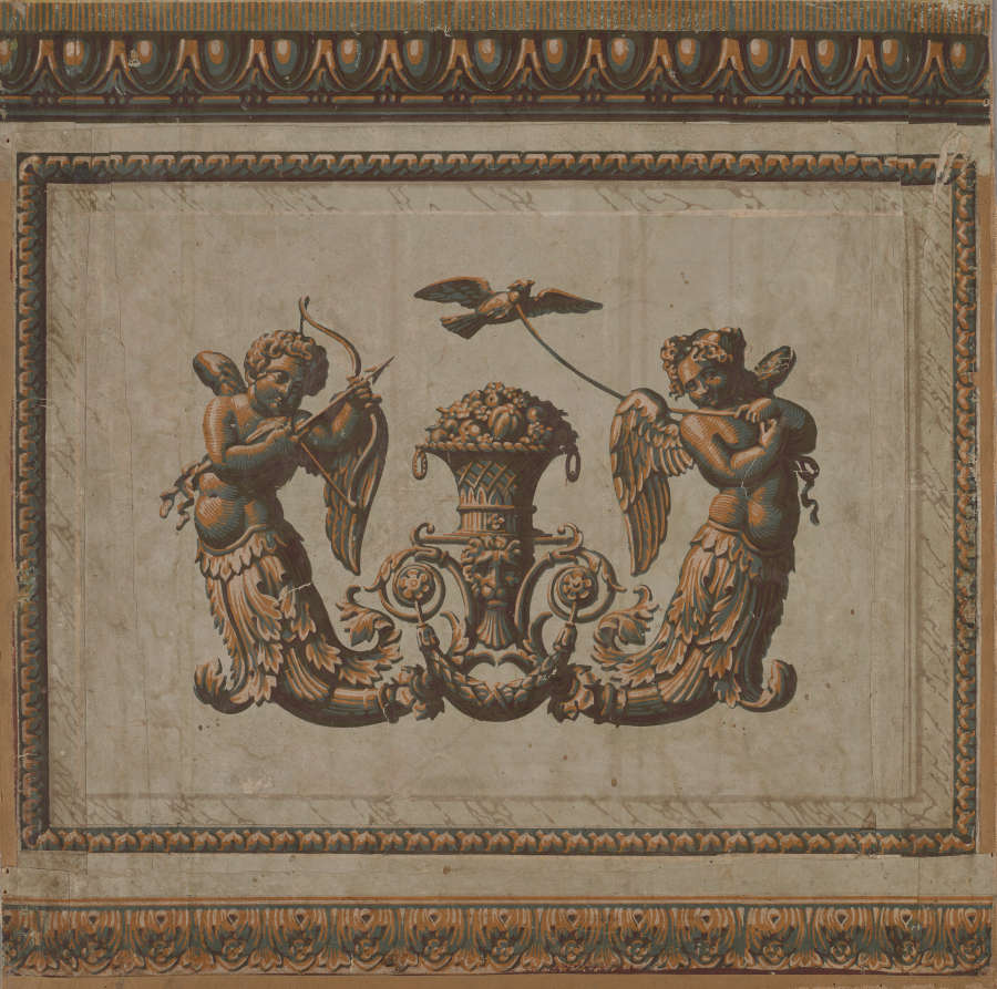 Symmetrical composition with playful winged cherubs surrounding an abundant vase. One of the cherubs holds rope tied to a bird, while the other is aiming an arrow at it.