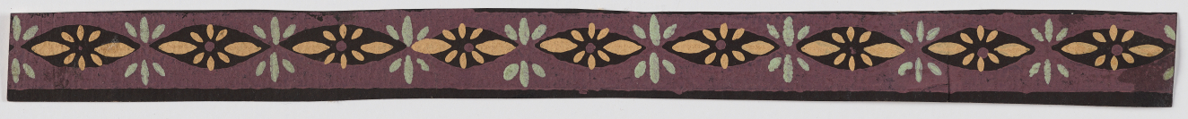 Thin horizontal strip with a repeating pattern of flower shapes with small yellow petals set within black ovals alternating with small white rays on a purple backdrop.