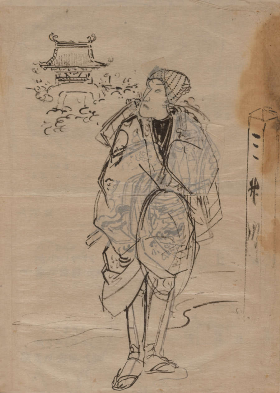 Sketch of a figure looking back at a temple in the background. They have a faintly blue patterned cloth draped over the shoulders and a large bundle on their back.