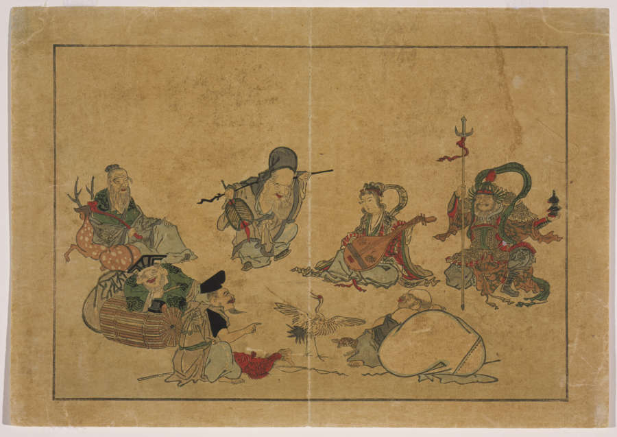 A lightly colored woodblock print of seven figures sitting in a circle. They are being entertained by a dancing crane and a turtle.