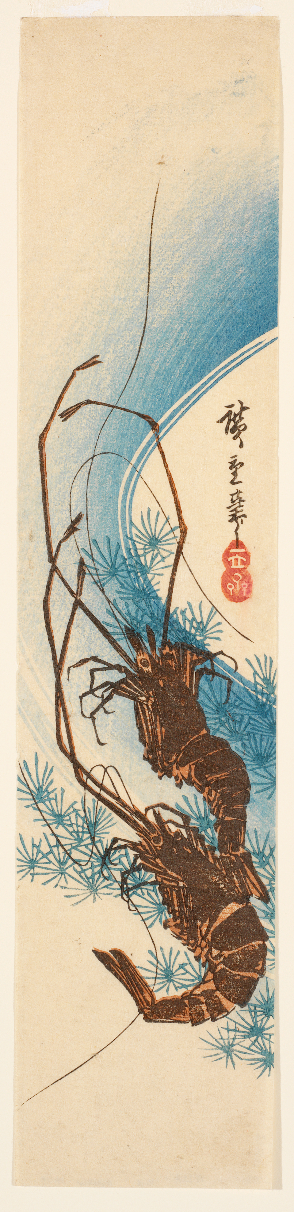 Two brown shellfish with long legs rest on curving blue water and floating water plants. Inside the curve of the waters ripple is the red artist’s stamp.