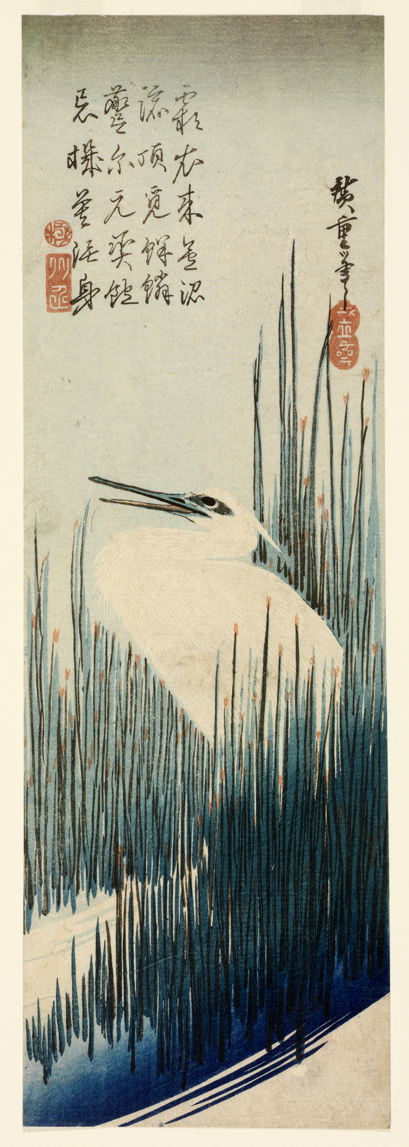 A large white egret with a puffed-out chest surrounded by tall, dark-green blades of grass beneath a gray sky. A block of calligraphy floats above to the left.