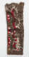 Felted brown wool strip with white loose fur, turquoise stitched red and pink patterned fabric, tiny silver embellishments lining the right side, and a singular brown button, laid flat.