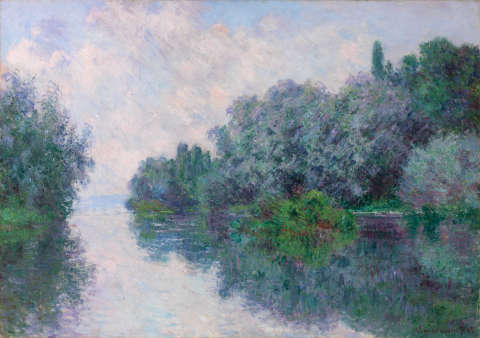 Painting of a misty riverbank reflecting lush trees and a cloudy sky, all painted with soft, small brushstrokes blending blues, greens, pinks, and purples. 