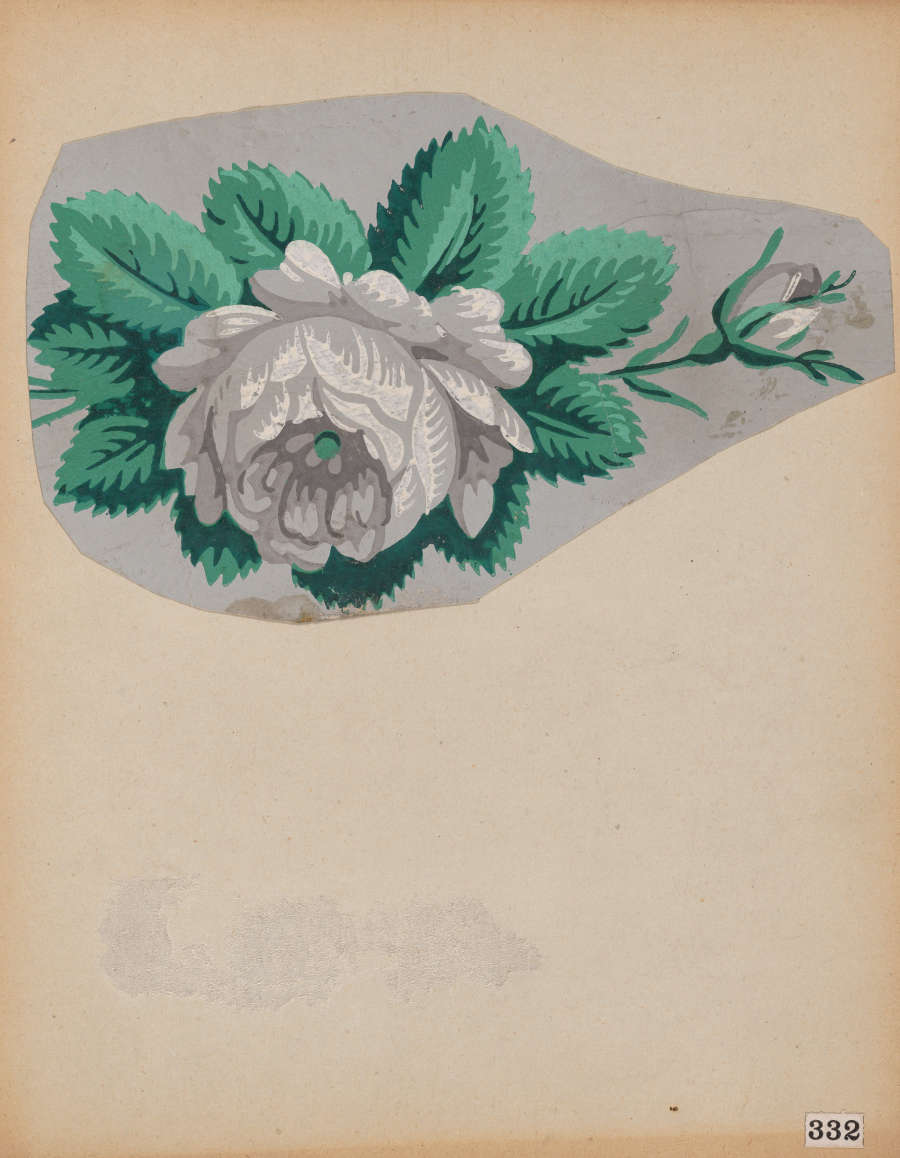 A white rose with green leaves set against a light gray background facing downwards on the left.