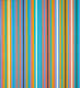 Painting composed of narrow, evenly sized vertical stripes in bright, saturated turquoise, orange, pink, blue, white, and yellow, in a non-repeating order, creating a dense, rhythmic overall pattern. 