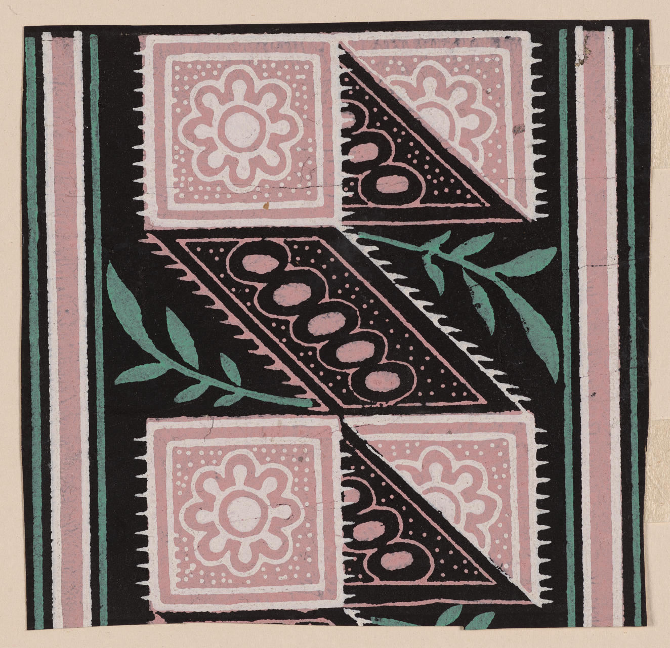 Geometric design made up of pink, black, and white floral and dotted patterns in squares. Accented by green leaves and vertical pink and green stripes.