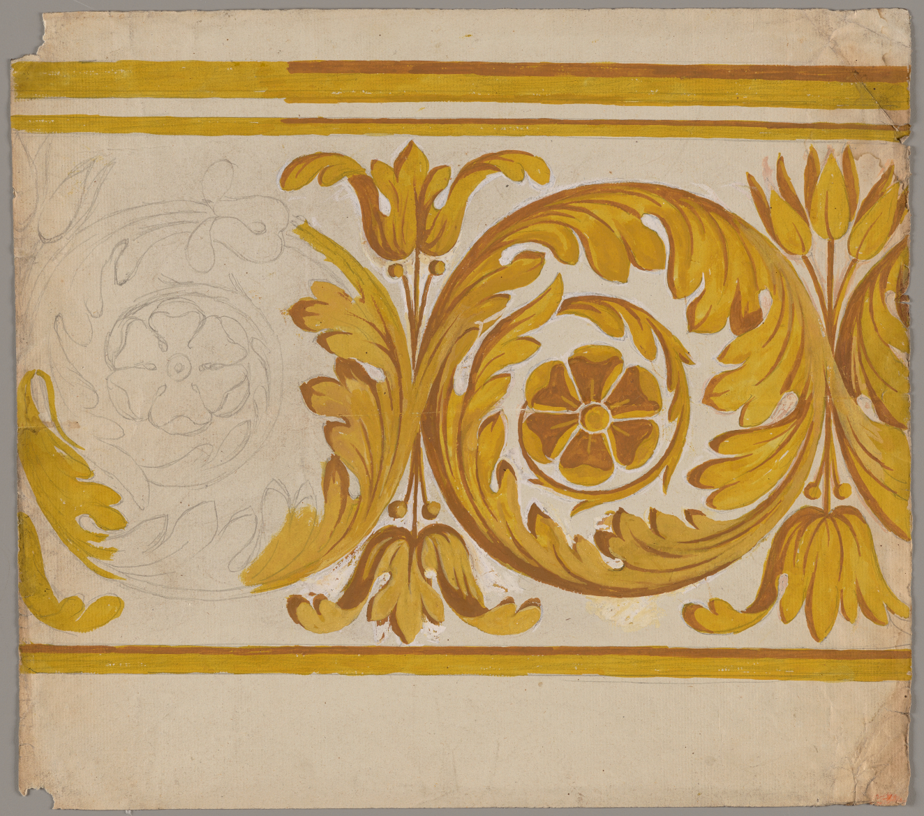 Incomplete wallpaper design with a yellow floral and swirling leaf pattern with a faint graphite sketch on the left sandwiched between horizontal stripes.