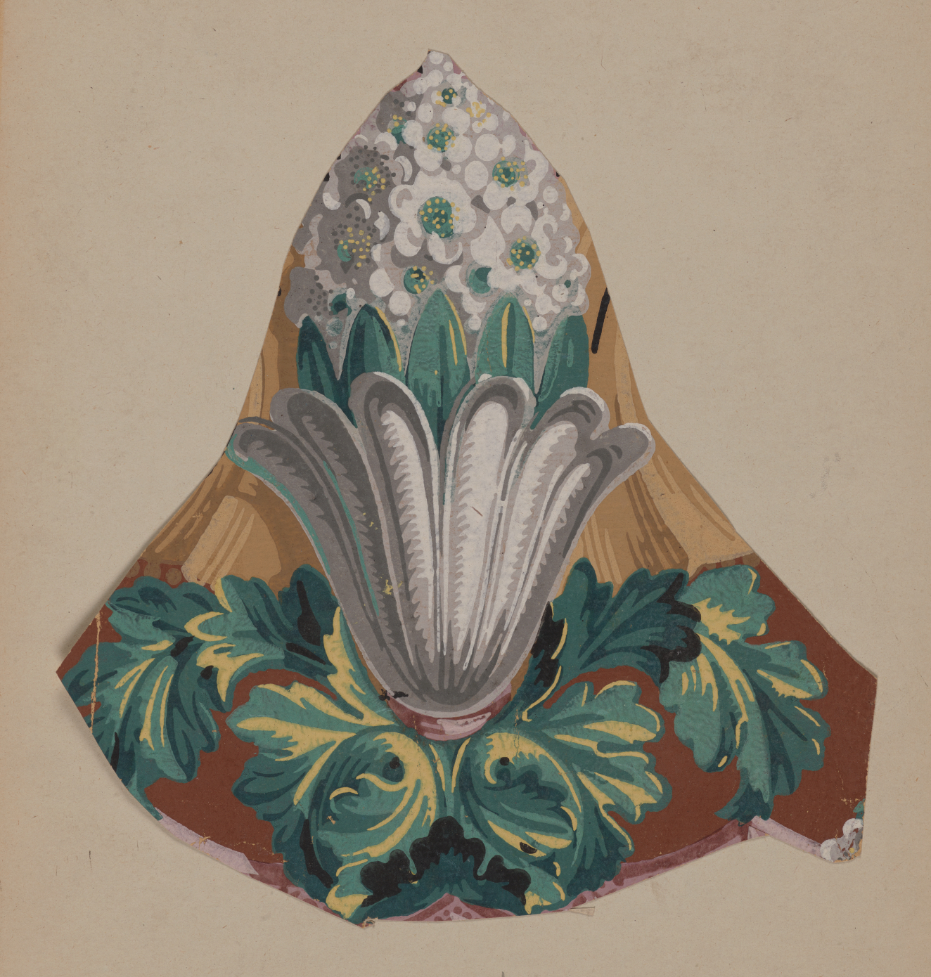 Decorative motif depicting a cone of silver flowers with green leaves and accents emerging from a silver curved vase flanked by symmetrical green foliage on a gold and brown backdrop.