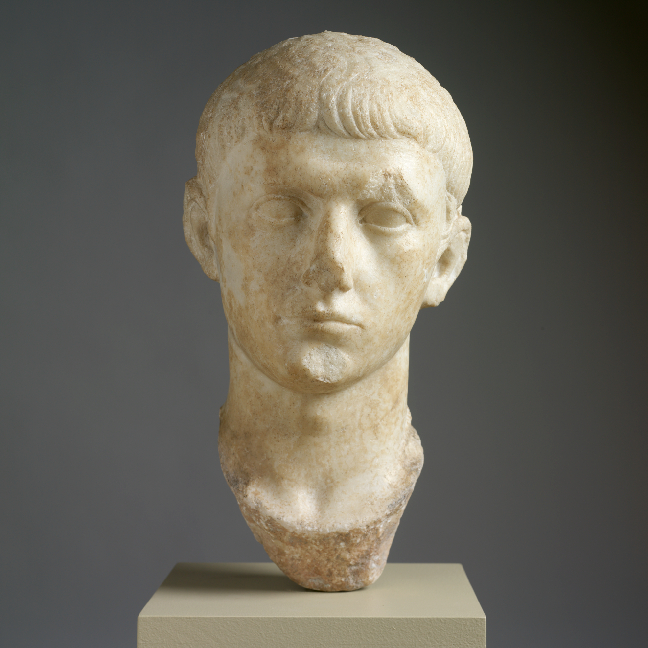 A marble sculpture portrait of a young male presenting figure with short hair and a blank expression. The marble looks unpainted and chipped.