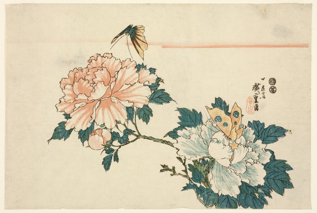 Woodblock print of a pair of peonies in pink and white, a yellow butterfly resting on one bloom and another hovering above, framed by clustered green leaves and calligraphy.
