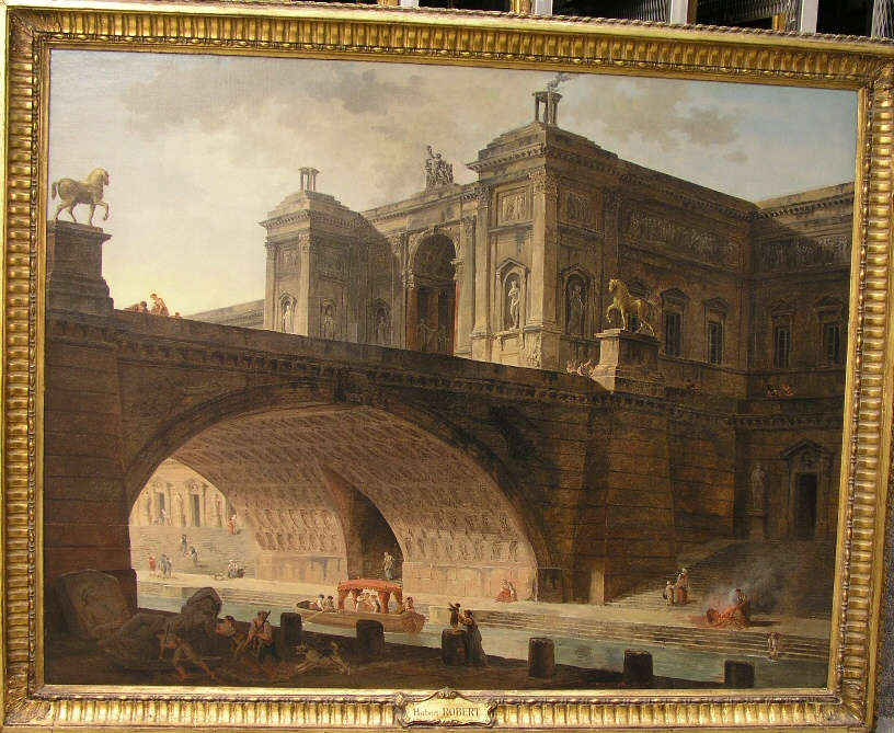 A painting of a grand, sunlit stone bridge spans a canal, connecting to a regal building with figures bathing and socializing along the water's edge, set within a gold frame. 