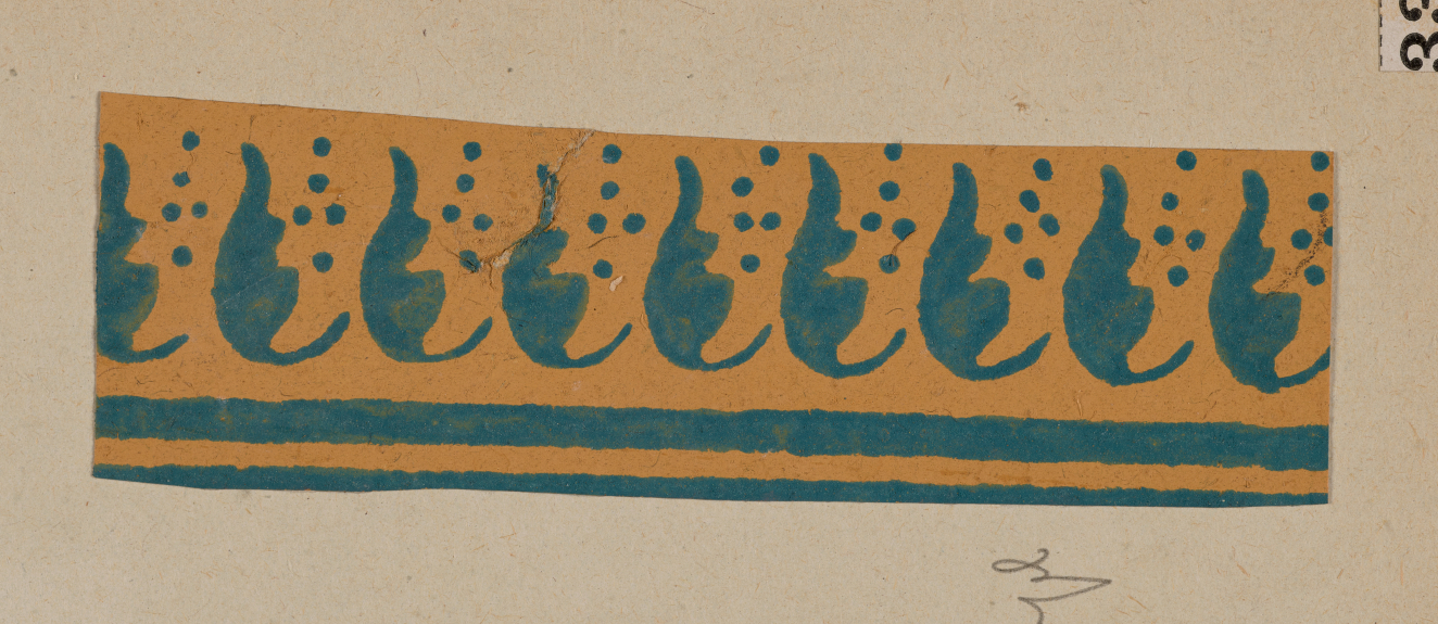 Vertical strip depicting decorative border design in yellow on a neutral backdrop. Featuring a teal pattern of repeating leaf shapes with small clusters of points between them above horizontal stripes.