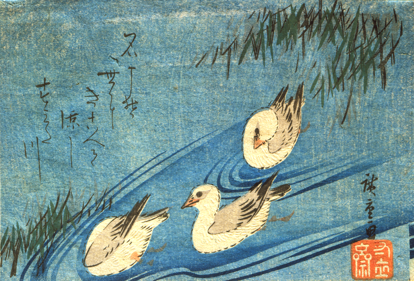 Three white and brown birds glide between green foliage across gently rippling blue water which emphasizes the textured paper. Small, loose calligraphy floats in the upper left. 