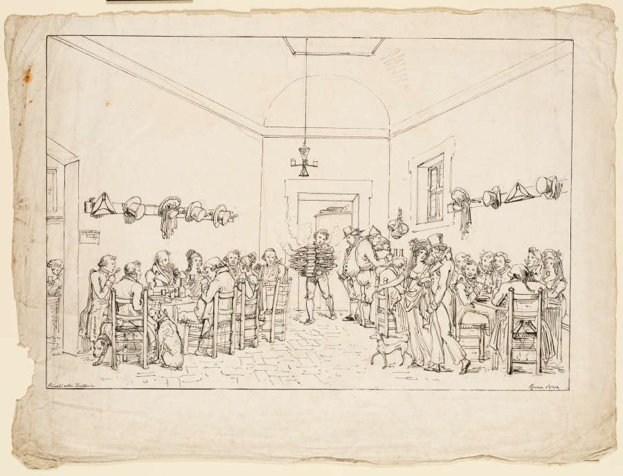 A pen and ink drawing inside an Italian restaurant. Two long tables filled with patrons recede towards the back door through which a waiter arrives with a heavy tray.