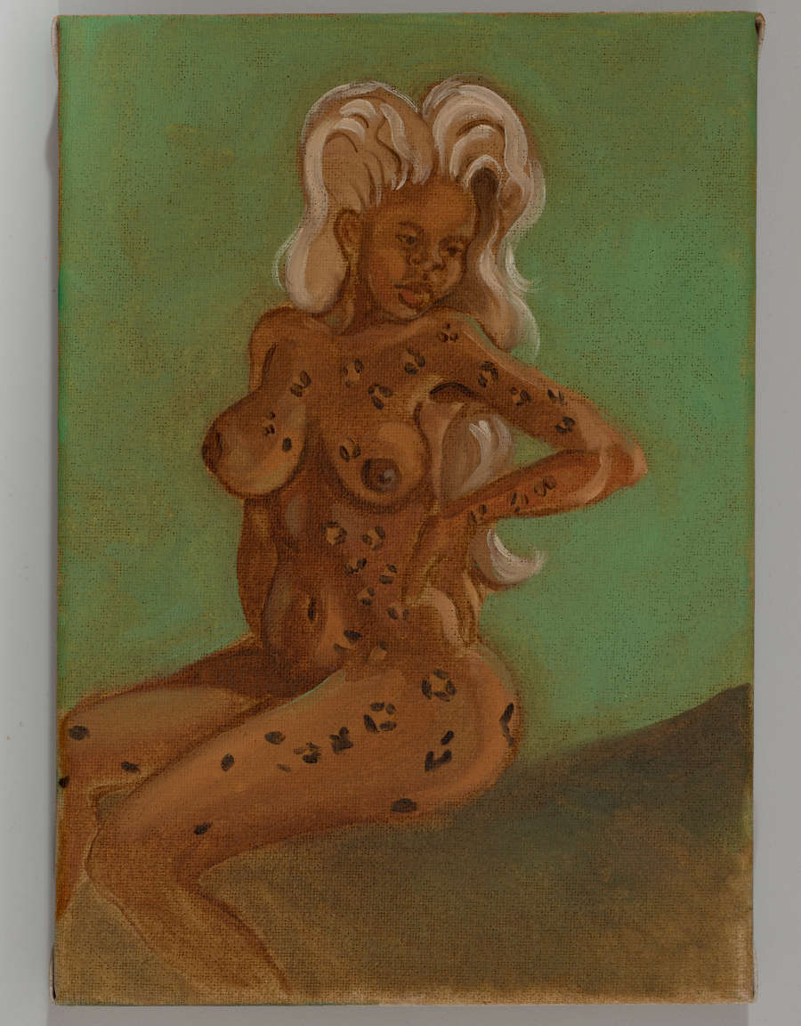Painting of a seated, blonde-haired, brown-skinned woman with her hand on her waist and dark markings across her body. She sits on a brown surface against a green background. 