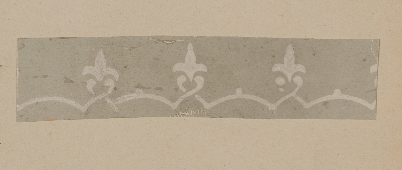 Horizontal light gray strip on a neutral backdrop featuring subtle white motifs including thin arched lines and intertwining curves ending in a floral point in repeat.